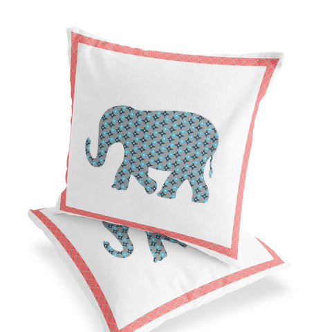 Set of Two 16" X 16" Blue and White Elephant Blown Seam Animal Print Indoor Outdoor Throw Pillow