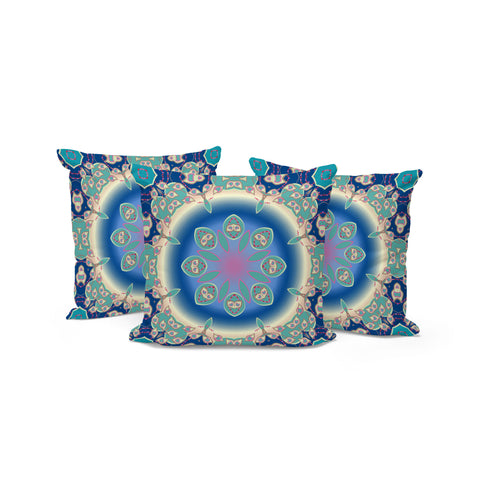 Set of Three 16" X 16" Blue and Green Abstract Indoor Outdoor Throw Pillow