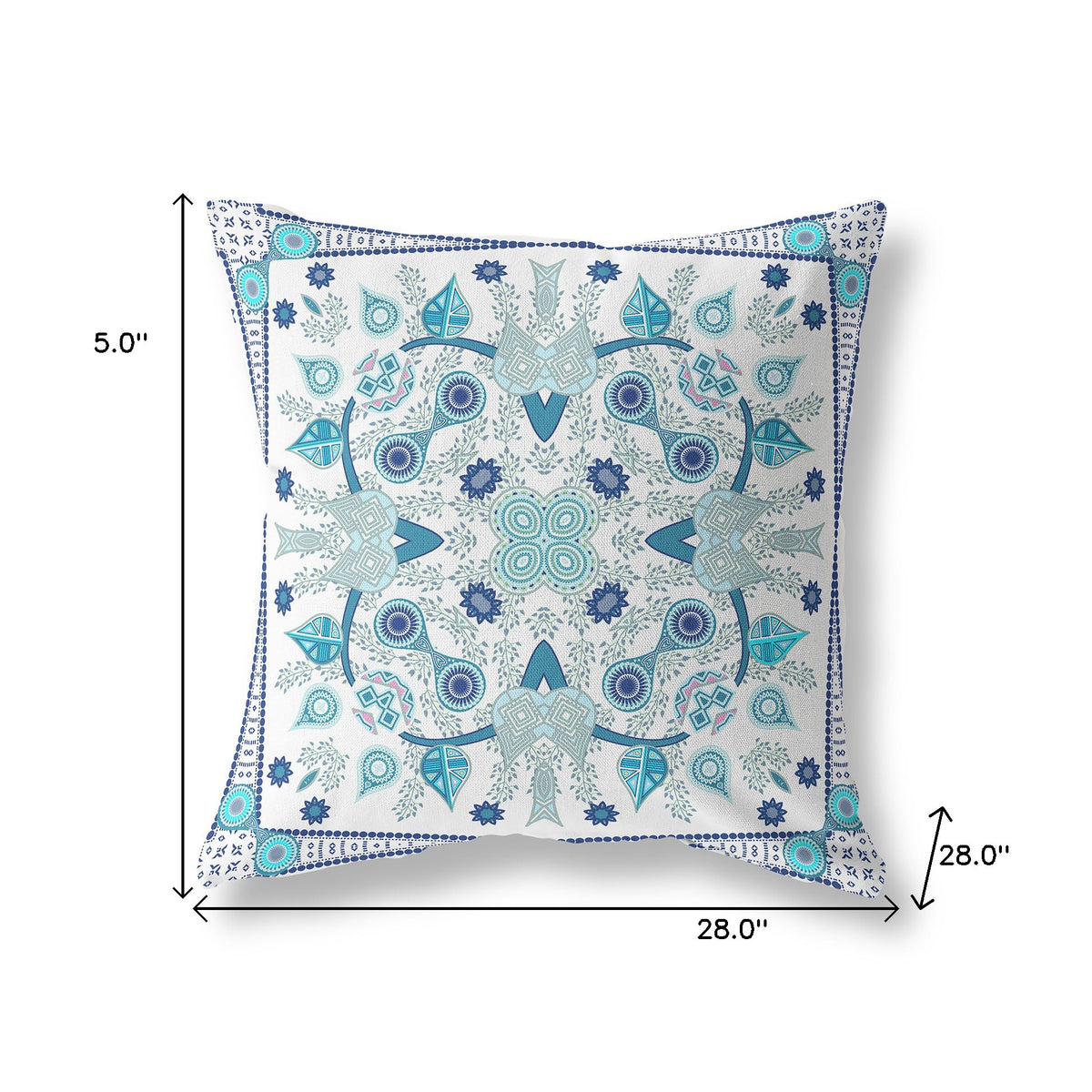 28" x 28" Blue and White Blown Seam Paisley Indoor Outdoor Throw Pillow