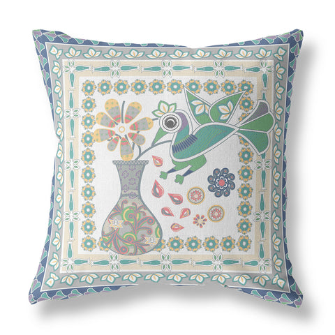 26" x 26" Cream Peacock Blown Seam Floral Indoor Outdoor Throw Pillow