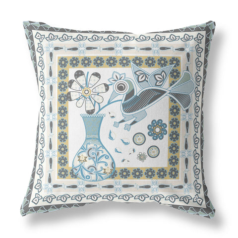 28" X 28" Blue and White Peacock Blown Seam Floral Indoor Outdoor Throw Pillow