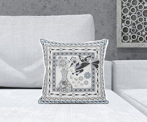 16" x 16" Blue and White Bird Blown Seam Abstract Indoor Outdoor Throw Pillow