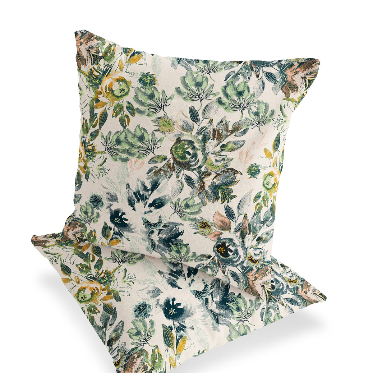 Set of Two 16" X 16" Green and White Blown Seam Floral Indoor Outdoor Throw Pillow