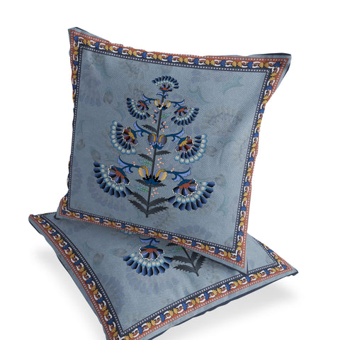 Set of Two 16" X 16" Blue and Gray Botanical Indoor Outdoor Throw Pillow