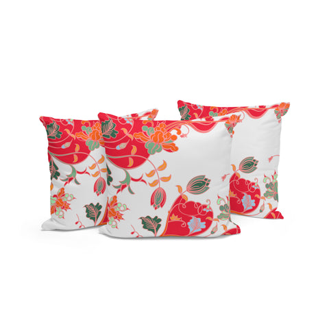 Set of Three 16" X 16" Red and White Botanical Indoor Outdoor Throw Pillow