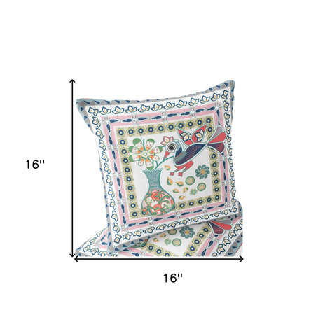 Set of Two 16" X 16" Pink and White Peacock Blown Seam Floral Indoor Outdoor Throw Pillow