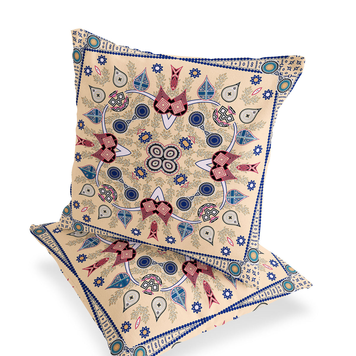 Set of Two 16" X 16" Beige and Blue Blown Seam Paisley Indoor Outdoor Throw Pillow