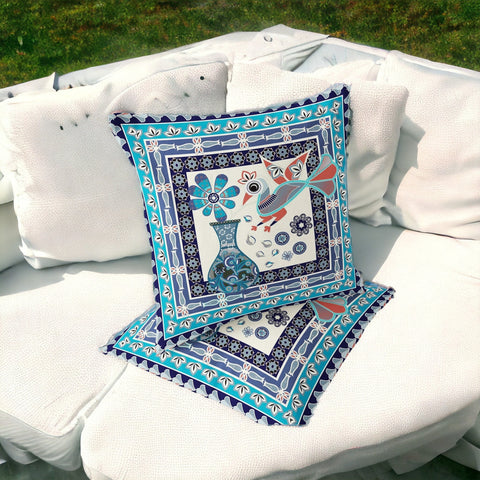 Set of Two 16" X 16" Blue and Off White Peacock Blown Seam Floral Indoor Outdoor Throw Pillow