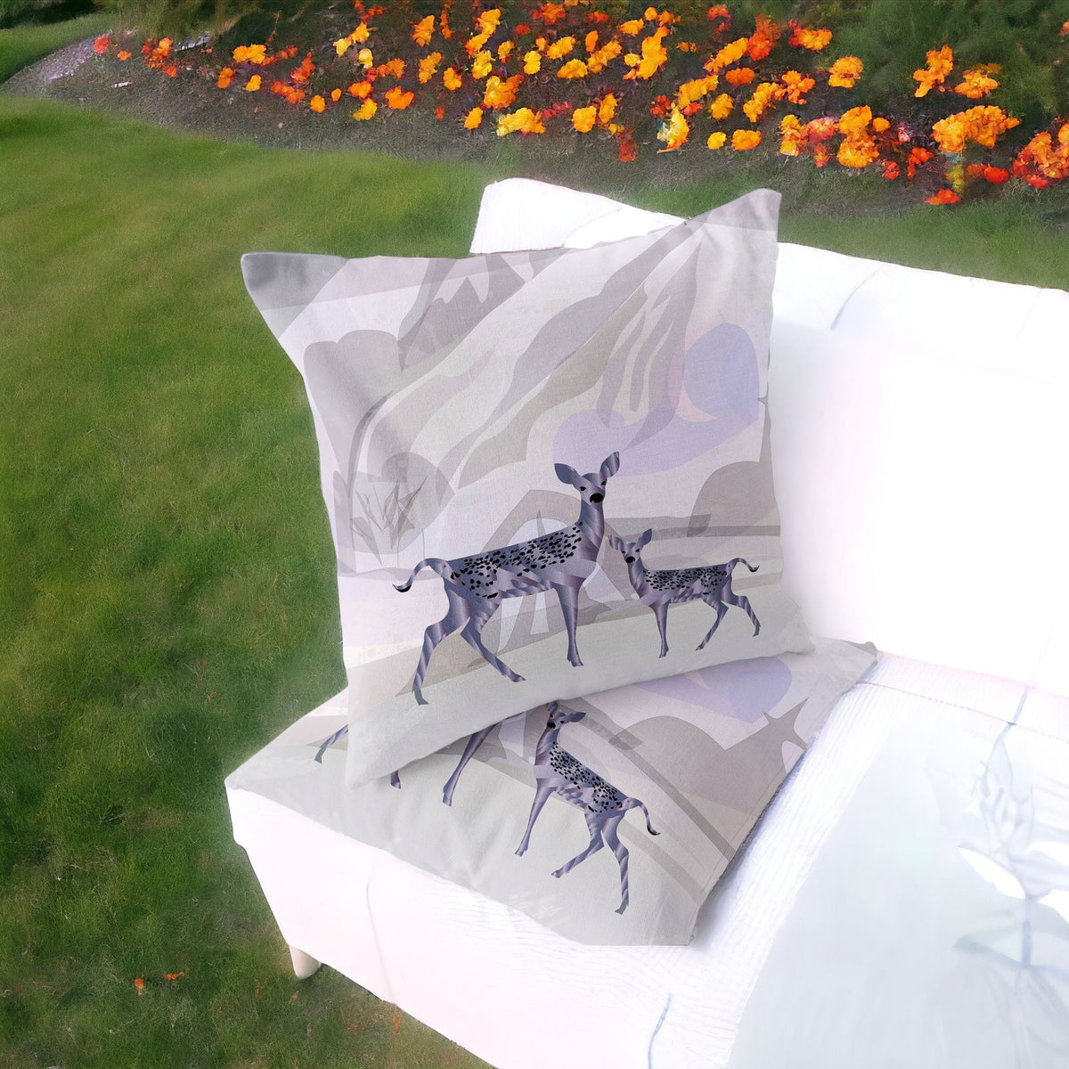 Set of Two 16" X 16" Beige and Purple Deer Abstract Indoor Outdoor Throw Pillow