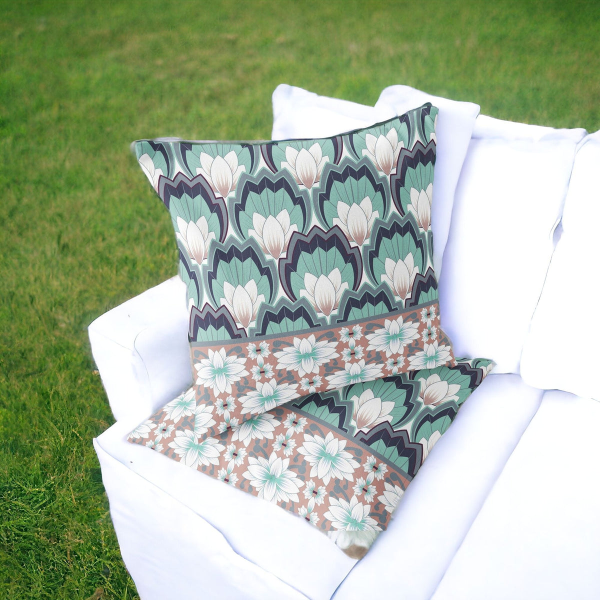 Set of Two 16" X 16" Green and White Botanical Indoor Outdoor Throw Pillow