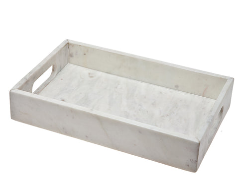 16" White Rectangular Marble Serving Tray With Handles