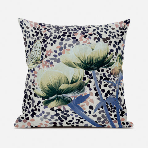 16" X 16" Blue and Black Butterfly Broadcloth Floral Zippered Pillow