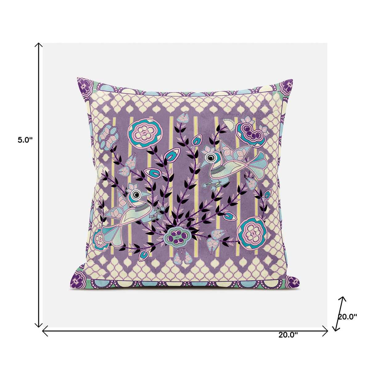 20" X 20" Blue and Purple Peacock Broadcloth Floral Zippered Pillow