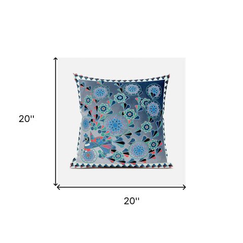 20" X 20" Blue and Green Peacock Broadcloth Floral Zippered Pillow