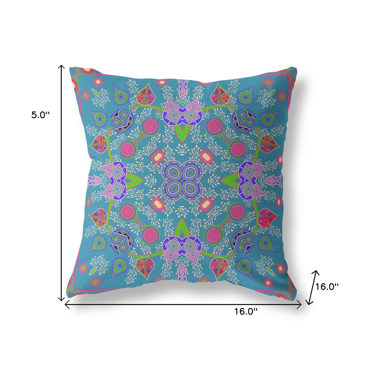 16" x 16" Blue and Green Blown Seam Paisley Indoor Outdoor Throw Pillow