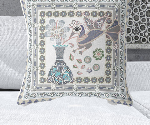 28" x 28" Gray Peacock Blown Seam Floral Indoor Outdoor Throw Pillow