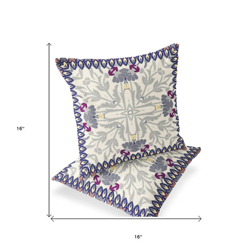 Set of Two 16" X 16" Gray and Purple Blown Seam Floral Indoor Outdoor Throw Pillow