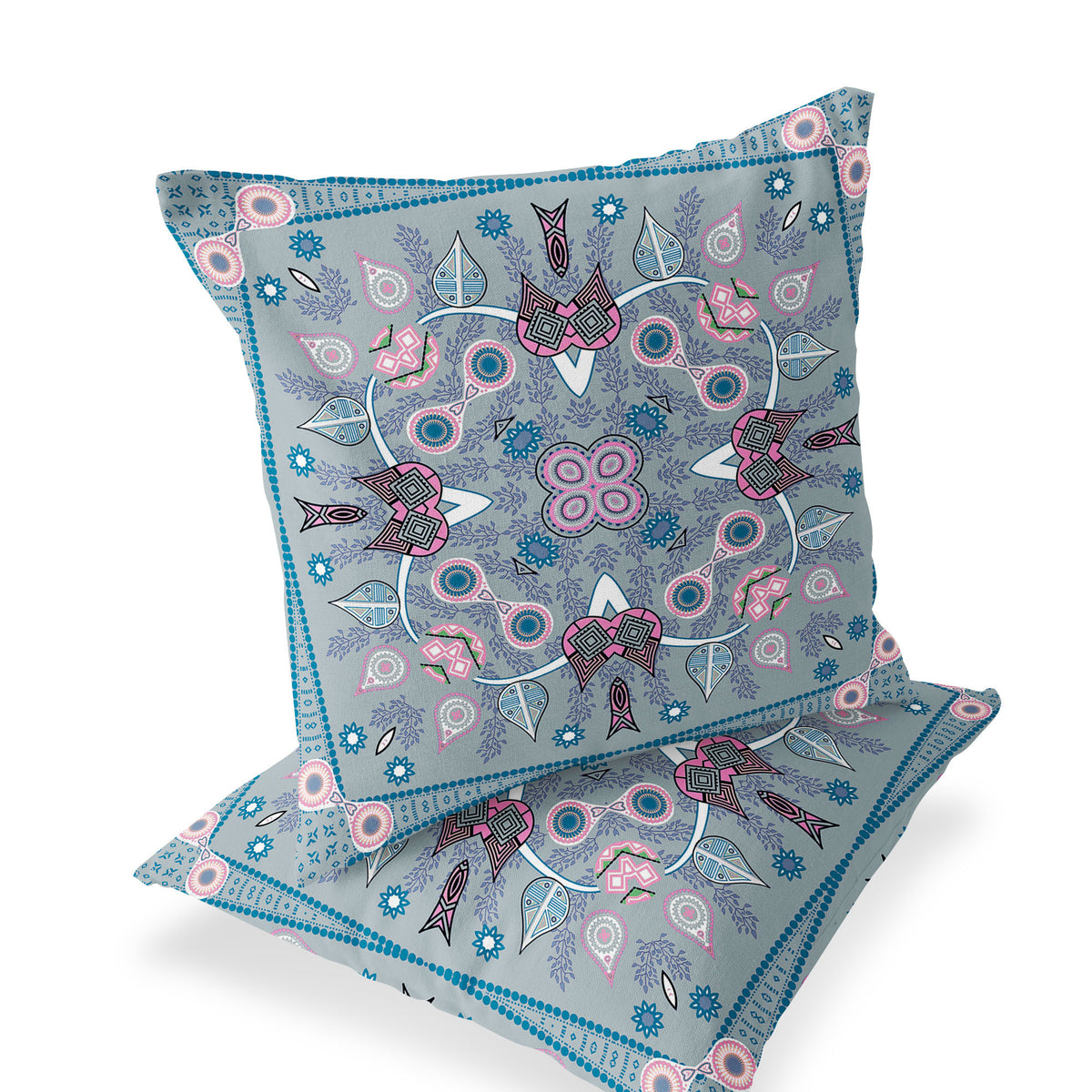 Set of Two 16" X 16" Gray and Pink Blown Seam Paisley Indoor Outdoor Throw Pillow