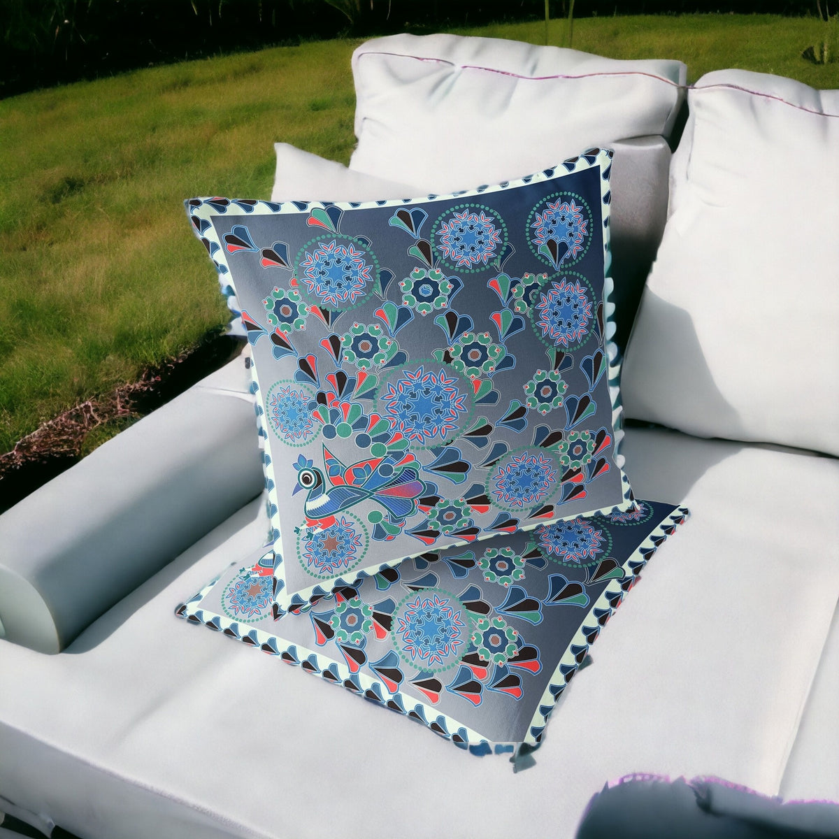 Set of Two 16" X 16" Blue and White Peacock Blown Seam Floral Indoor Outdoor Throw Pillow