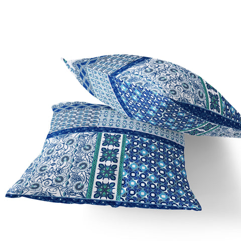 Set of Two 16" X 16" Blue and White Blown Seam Floral Indoor Outdoor Throw Pillow