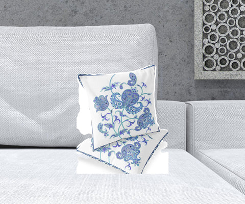 Set of Two 16" X 16" Blue and White Botanical Indoor Outdoor Throw Pillow