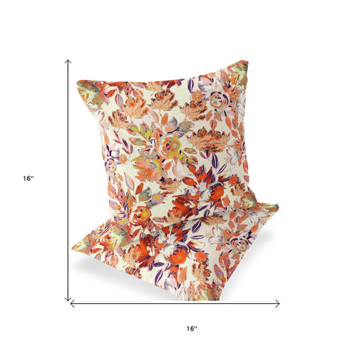 Set of Two 16" X 16" Beige and Red Blown Seam Floral Indoor Outdoor Throw Pillow