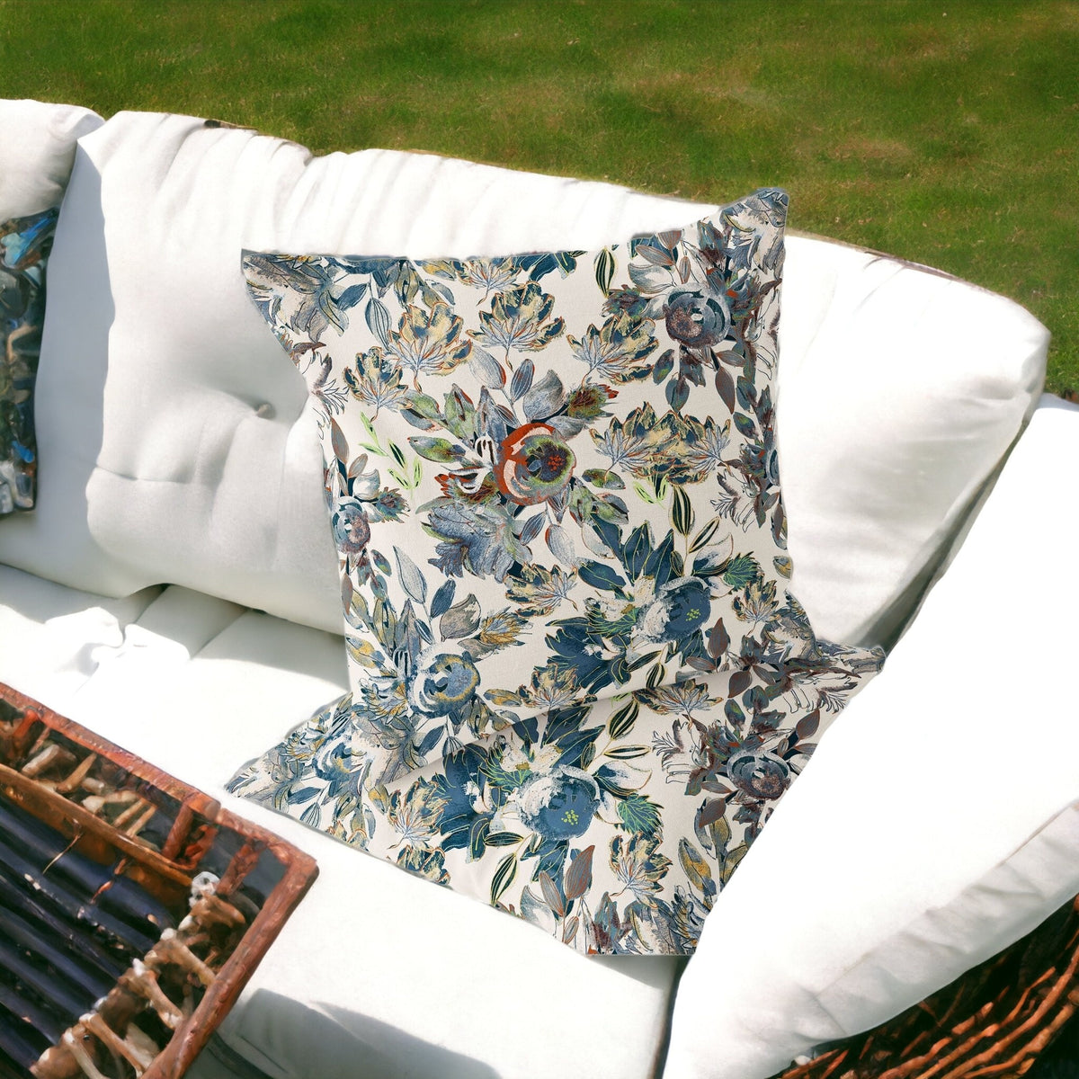 Set of Two 16" X 16" Blue and Green Blown Seam Floral Indoor Outdoor Throw Pillow