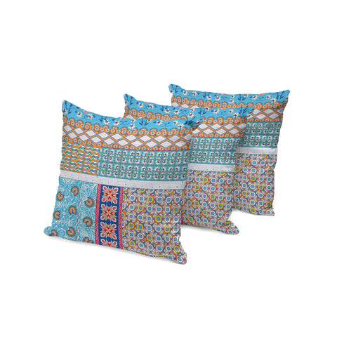 Set of Three 16" X 16" Blue and White Botanical Indoor Outdoor Throw Pillow