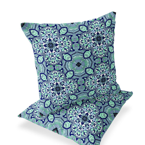 Set of Two 16" X 16" Blue and Green Blown Seam Floral Indoor Outdoor Throw Pillow