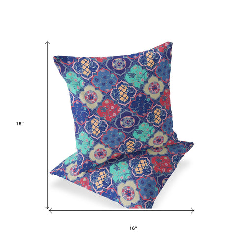 Set of Two 16" X 16" Blue and Green Blown Seam Floral Indoor Outdoor Throw Pillow