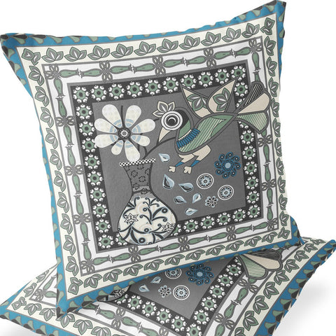 Set of Two 16" X 16" Black Gray and White Peacock Blown Seam Floral Indoor Outdoor Throw Pillow