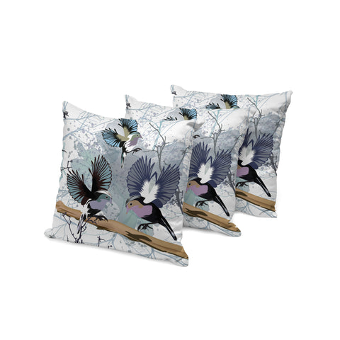 Set of Three 16" X 16" Black Gray and White Bird Blown Seam Eclectic Indoor Outdoor Throw Pillow