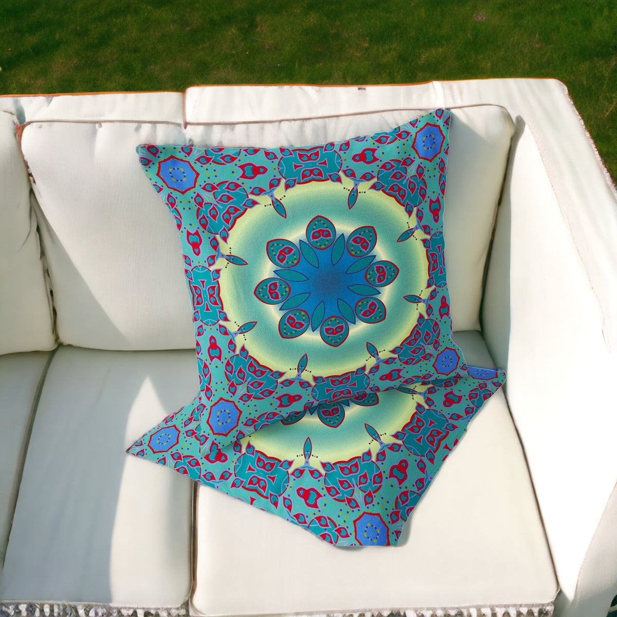 Set of Two 16" X 16" Green and Red Blown Seam Floral Indoor Outdoor Throw Pillow