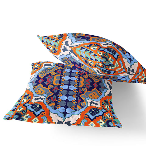 Set of Two 16" X 16" Blue and Orange Blown Seam Floral Indoor Outdoor Throw Pillow