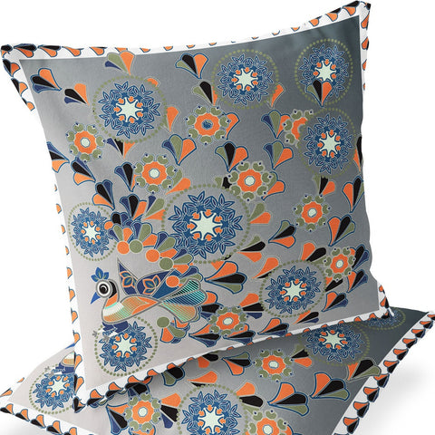 Set of Two 16" X 16" Gray and White Peacock Blown Seam Floral Indoor Outdoor Throw Pillow