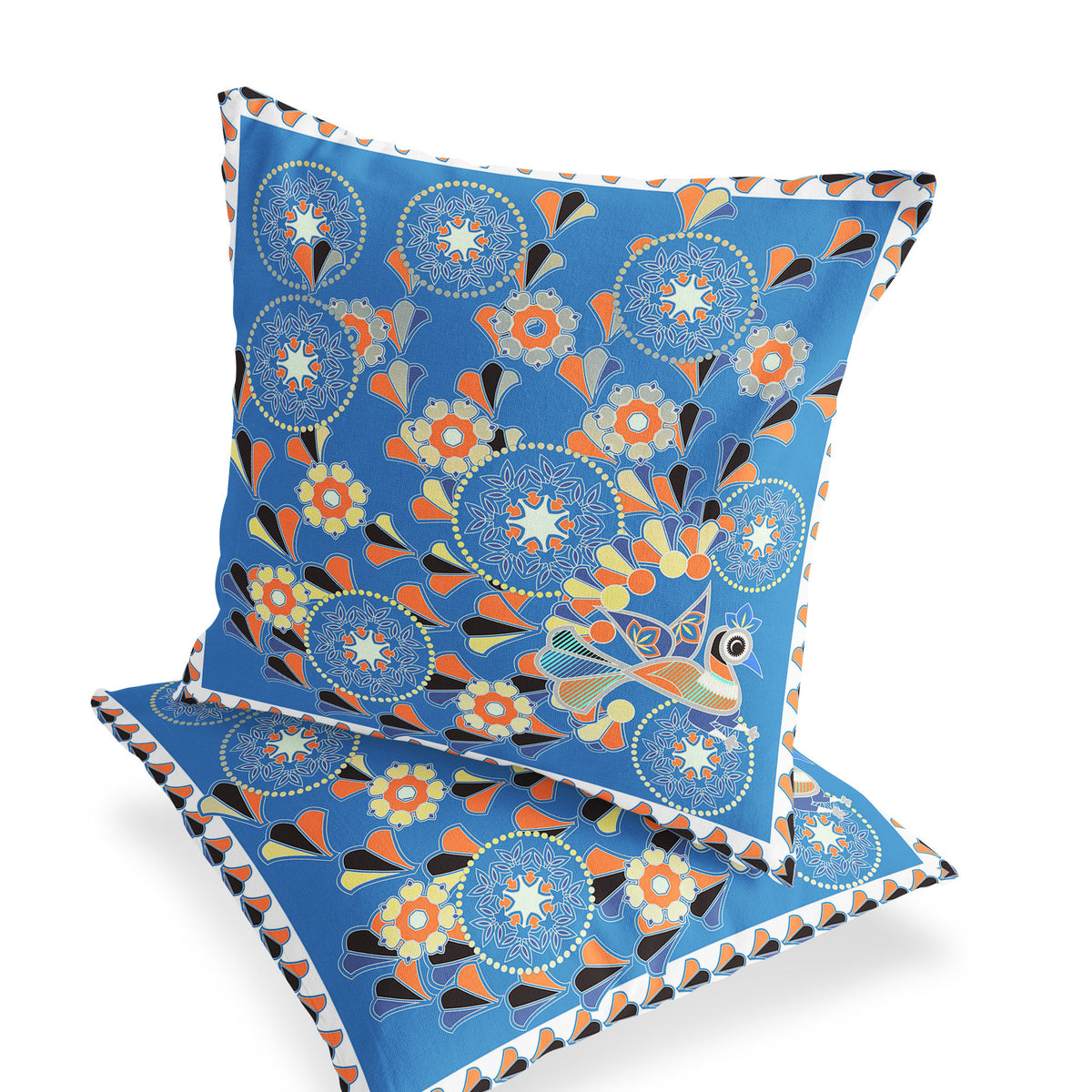 Set of Two 16" X 16" Blue and Orange Peacock Blown Seam Floral Indoor Outdoor Throw Pillow