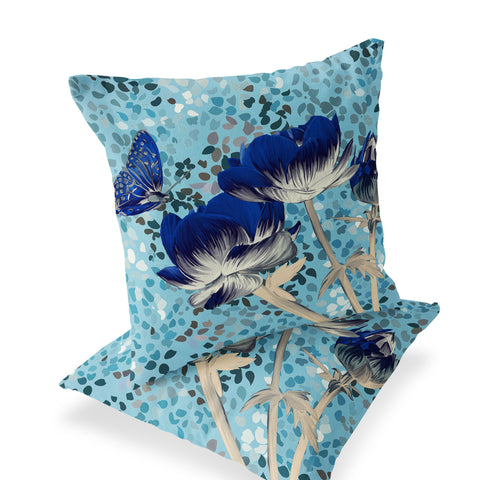 Set of Two 16" X 16" Blue and Gray Butterfly Blown Seam Floral Indoor Outdoor Throw Pillow