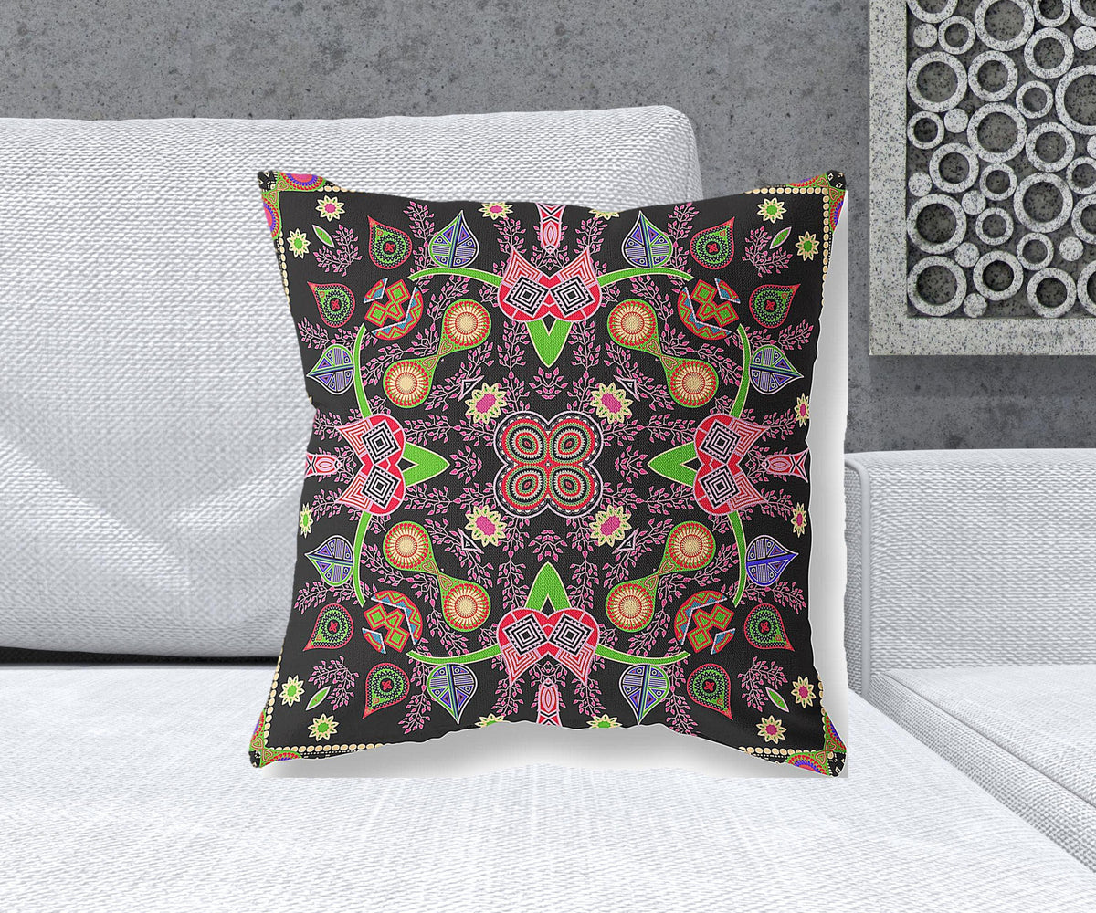 20" x 20" Black and Pink Blown Seam Paisley Indoor Outdoor Throw Pillow