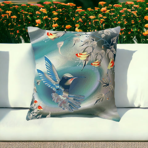 20" X 20" Blue and Gray Bird Blown Seam Floral Indoor Outdoor Throw Pillow