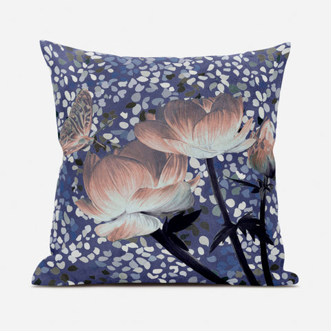 26" X 26" Blue and Gray Butterfly Blown Seam Floral Indoor Outdoor Throw Pillow