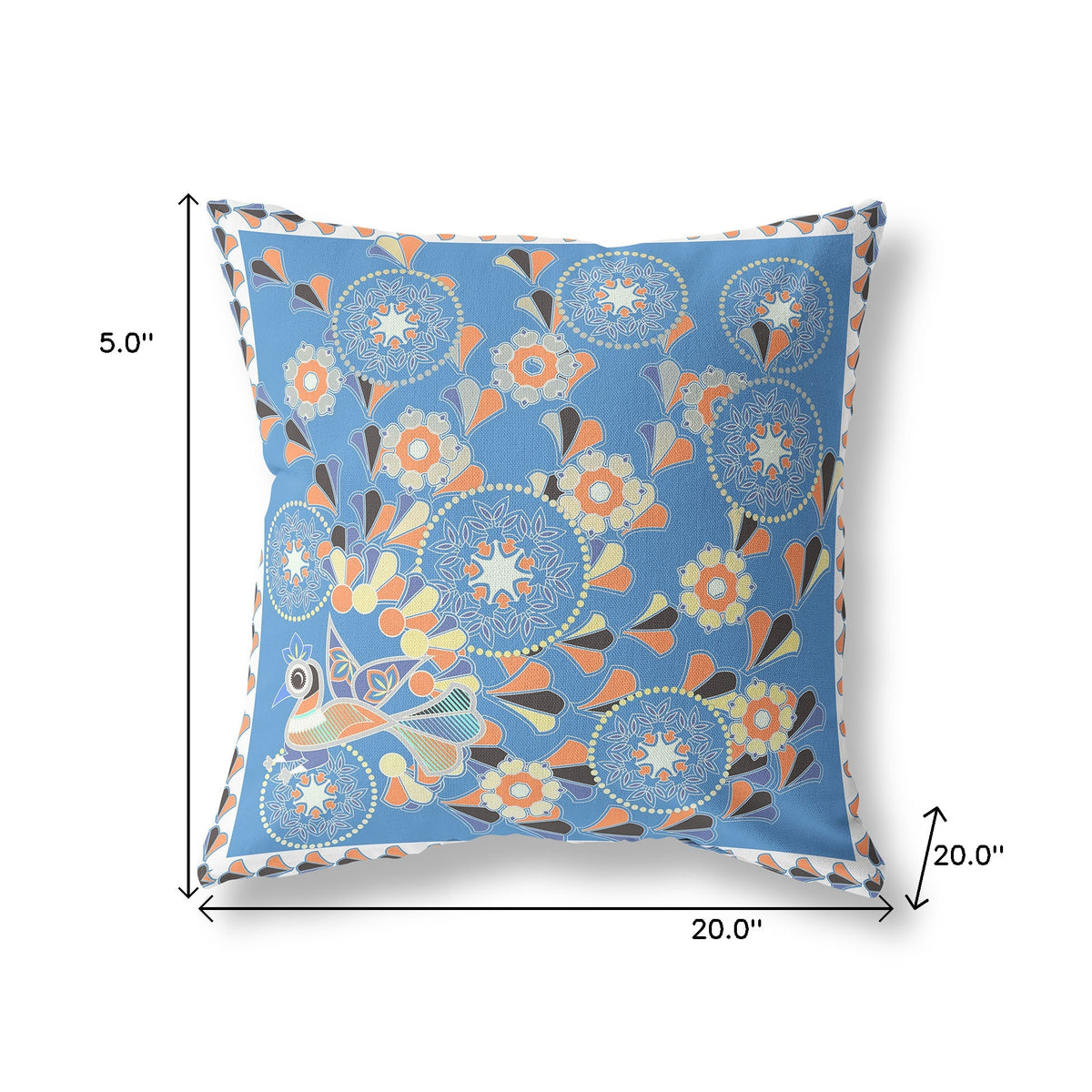 20" x 20" Blue and Orange Peacock Blown Seam Floral Indoor Outdoor Throw Pillow