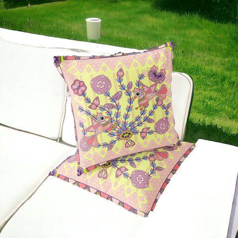 Set of Two 16" X 16" Yellow and Peach Peacock Blown Seam Floral Indoor Outdoor Throw Pillow