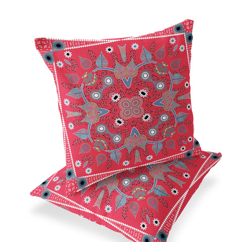 Set of Two 16" X 16" Gray and Red Blown Seam Paisley Indoor Outdoor Throw Pillow