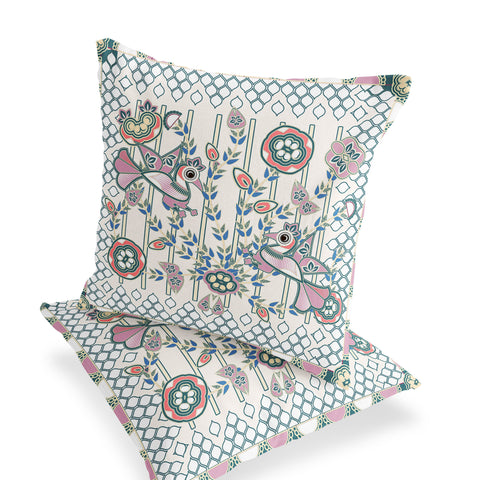 Set of Two 16" X 16" Blue and Off White Peacock Blown Seam Floral Indoor Outdoor Throw Pillow