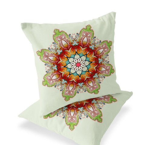 Set of Two 16" X 16" Green and Pink Blown Seam Floral Indoor Outdoor Throw Pillow