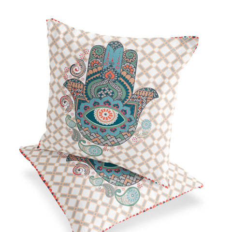 Set of Two 16" X 16" Blue and Orange Blown Seam Hamsa Indoor Outdoor Throw Pillow