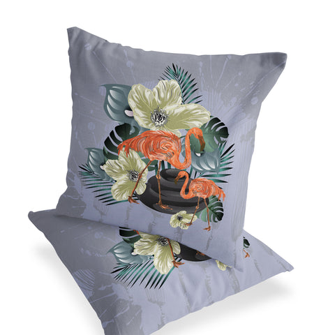 Set of Two 16" X 16" Gray and Orange Flamingo Blown Seam Floral Indoor Outdoor Throw Pillow