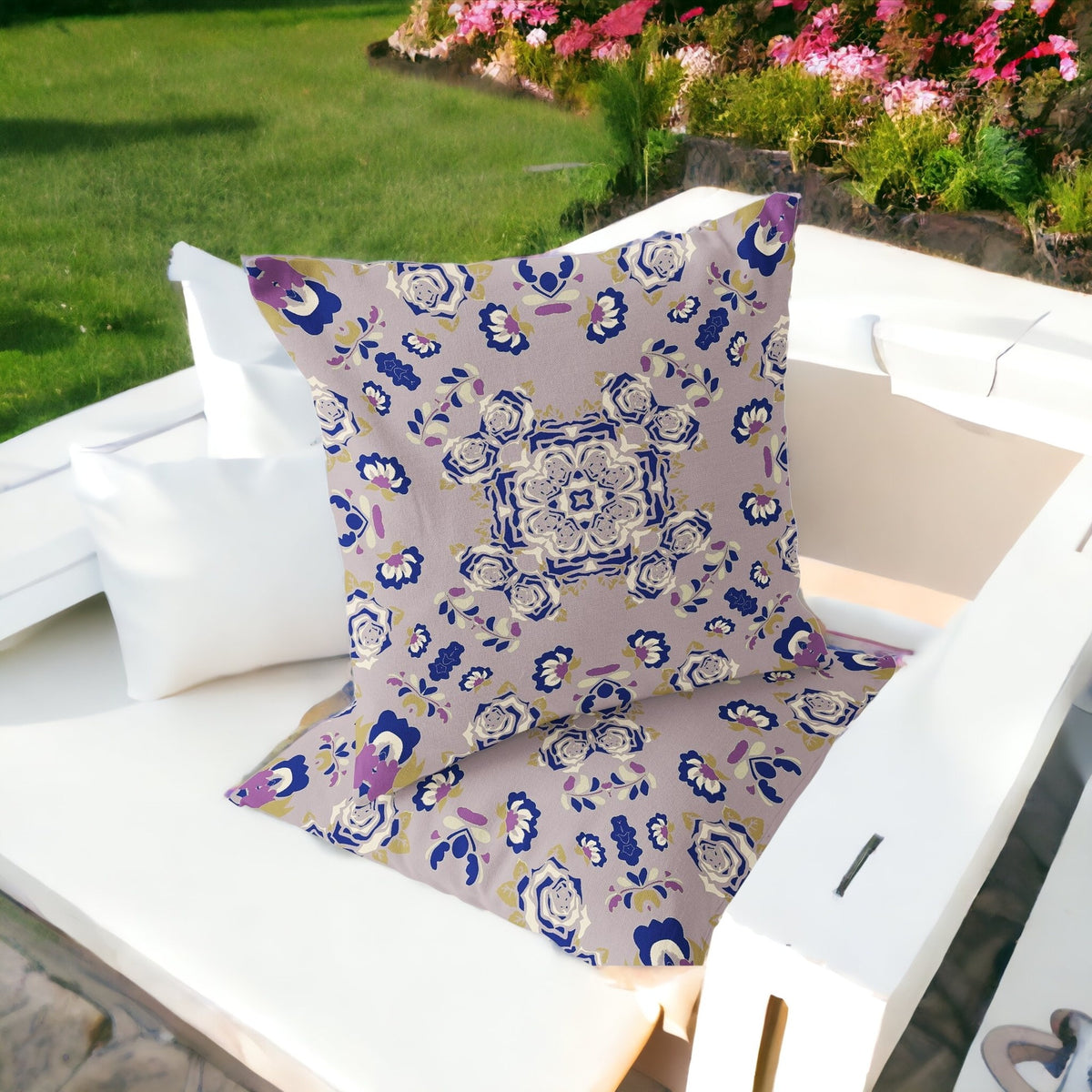 Set of Two 16" X 16" Blue and Purple Blown Seam Floral Indoor Outdoor Throw Pillow