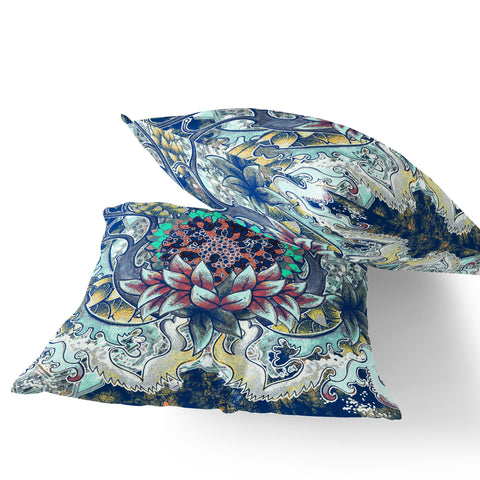 Set of Two 16" X 16" Blue and Yellow Blown Seam Floral Indoor Outdoor Throw Pillow