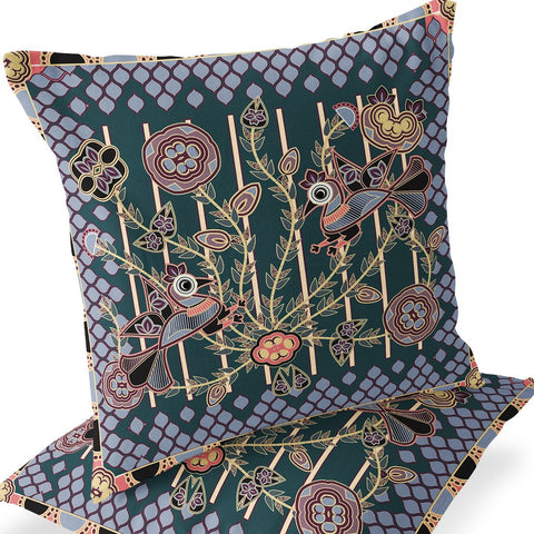 Set of Two 16" X 16" Green and Pink Peacock Blown Seam Floral Indoor Outdoor Throw Pillow